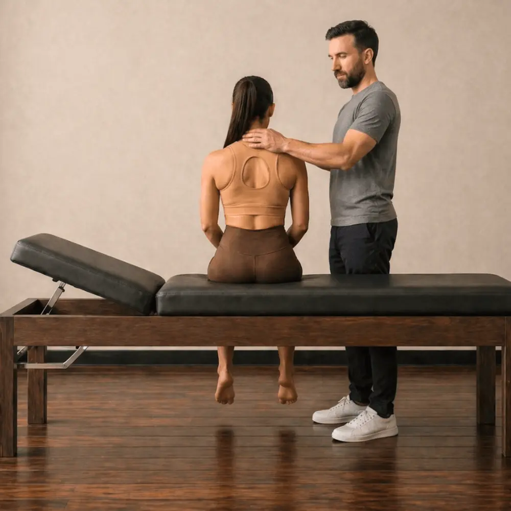 Fisioterapeuta realizando avaliação com paciente